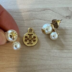 Tory Burch Gold Logo Double Pearl Back-Front Earrings
